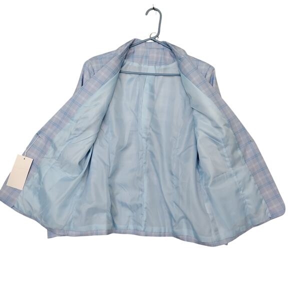 Suit Set Jacket and Pants Size Medium Light Blue Plaid One Button Closure Lined - Picture 5 of 12